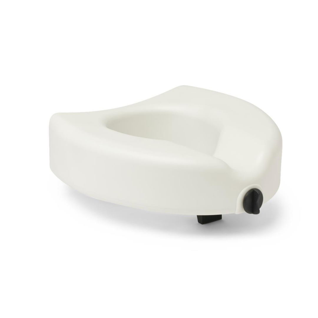 The Medline 5 Raised Locking Toilet Seat with Microban Treatment adds height and comfort for bath safety. It features a contoured design, secure black locking knob, and fits on standard toilets for enhanced support and cleanliness.